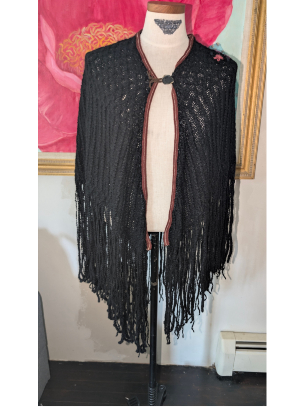 Vintage Burning Torch open knit Poncho with Fringe Anthropologie